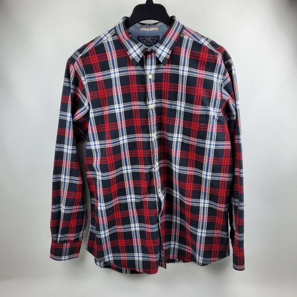 Nautica Mens Plaid Shirt Long Sleeve Button Up Size XL Red Blue Gray Sea Voyage
